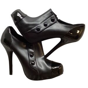 Womens Black Faux Leather Ankle Boots High Heel Side Zip Studded Cap Toe
